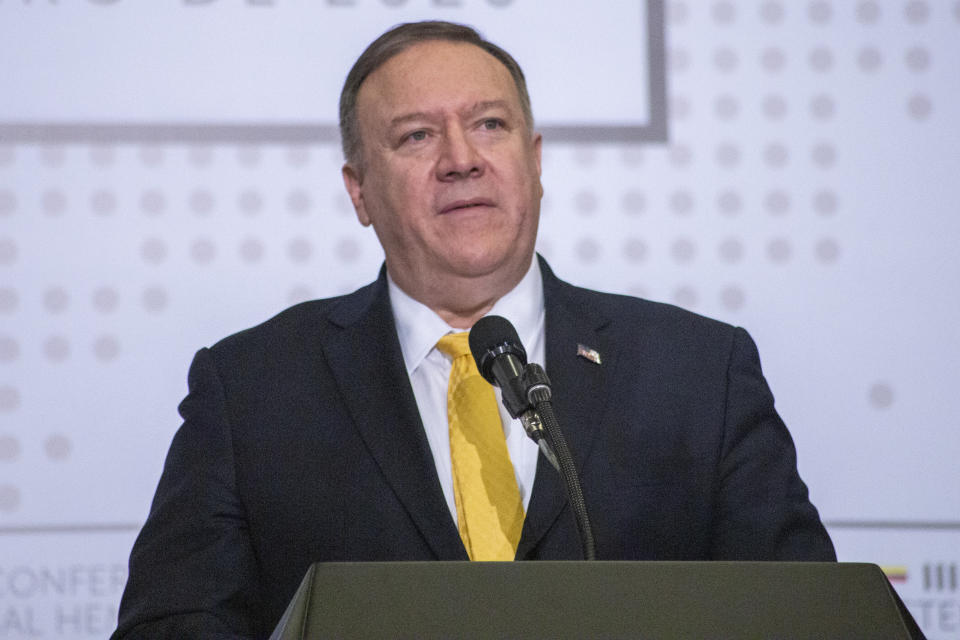 U.S. Secretary of State Mike Pompeo speaks during the open a regional counter-terrorism meeting at the police academy in Bogota, Colombia on January 20, 2020. (Photo by Daniel Garzon Herazo/NurPhoto via Getty Images)