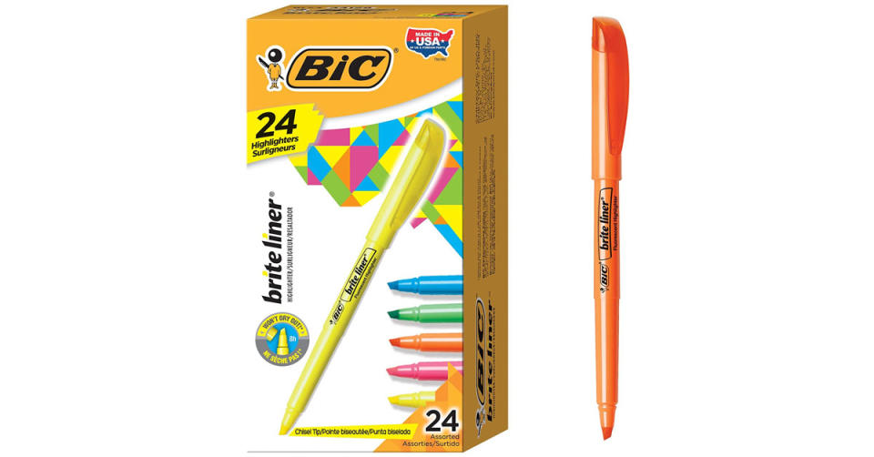 BIC Brite Liner Highlighter, Chisel Tip, Assorted Colors, 24-Count (Photo: Amazon)