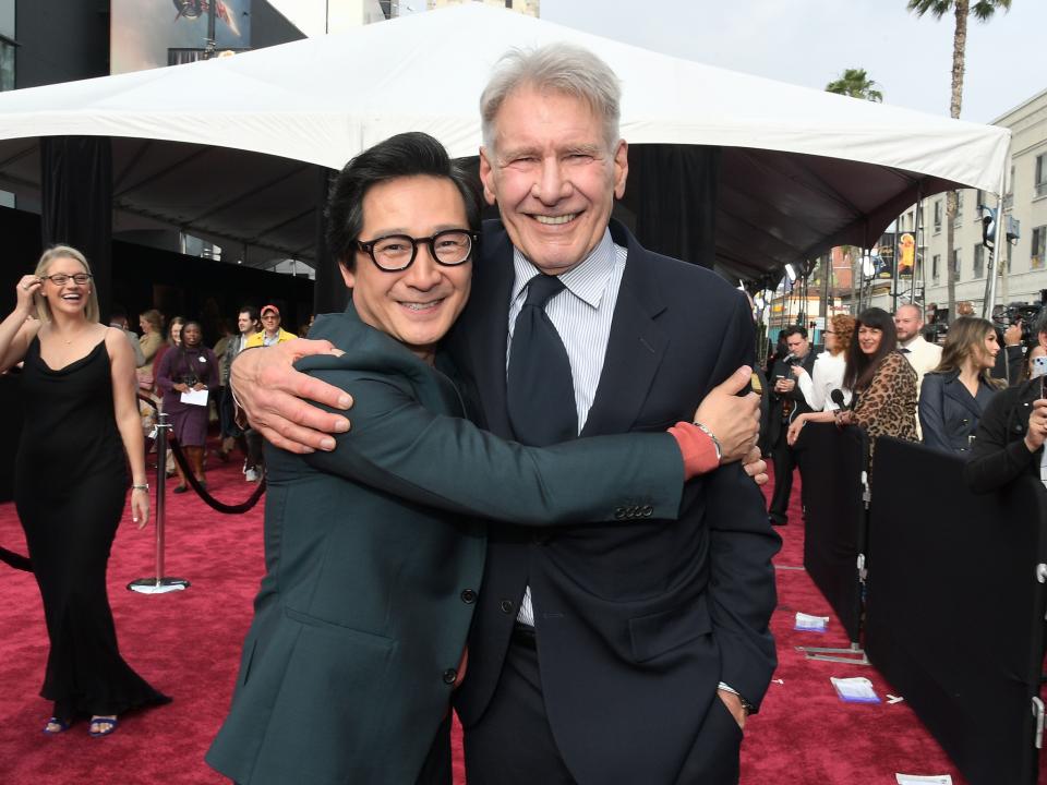 Ke Huy Quan and Harrison Ford attend the Indiana Jones and the Dial of Destiny premiere on June 14, 2023.