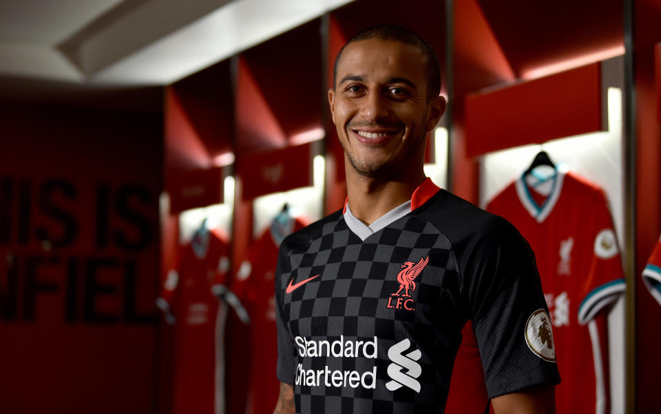 LIVERPOOL, ENGLAND - SEPTEMBER 18: (THE SUN OUT, THE SUN ON SUNDAY OUT) Thiago Alcantara new signing of Liverpool at Anfield on September 18, 2020 in Liverpool, England. (Photo by Andrew Powell/Liverpool FC via Getty Images)