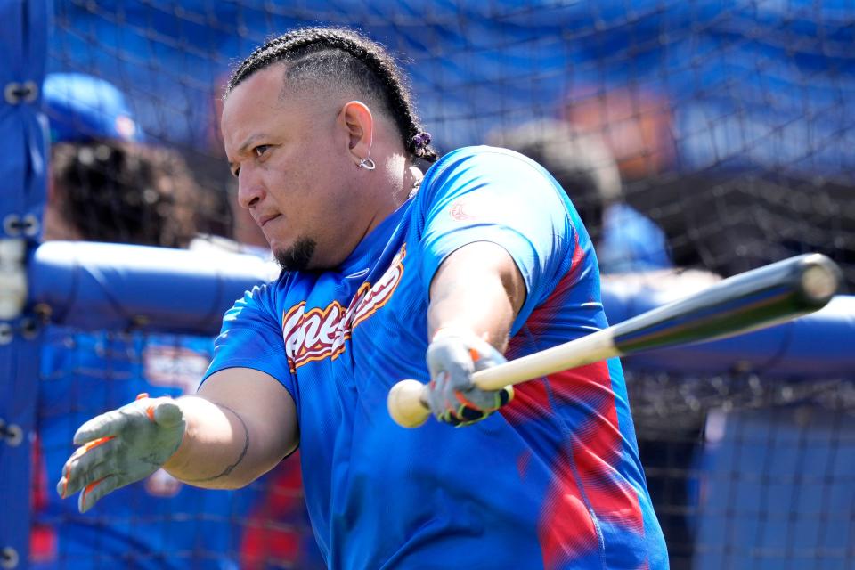 Venezuela's Miguel Cabrera warms up before an exhibition game against the New York Mets, Thursday, March 9, 2023, in Port St. Lucie, Fla.