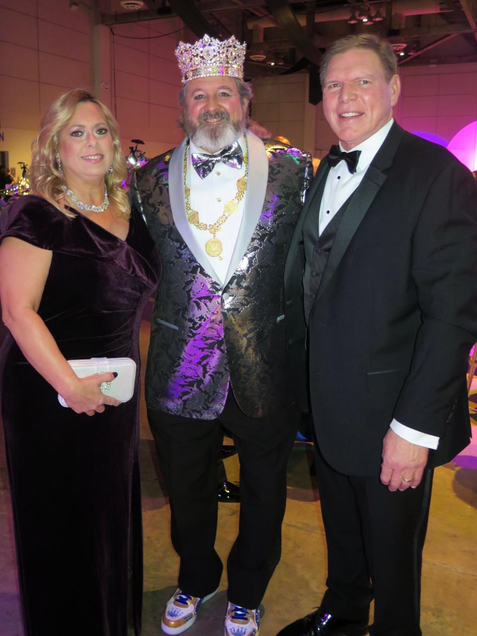 Paula Chandler, Krewe of Gemini XXXV King Roger Lites and Bossier City Mayor Tommy Chandler await the beginning of the tableau at the Krewe of Gemini Grande Bal at Shreveport Convention Center, January 27, 2024.
