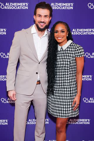 <p>Leon Bennett/Getty</p> Bryan Abasolo and Rachel Lindsay attend the Alzheimer's Association Peace of Mind Luncheon at The Beverly Hills Hotel on November 9, 2023