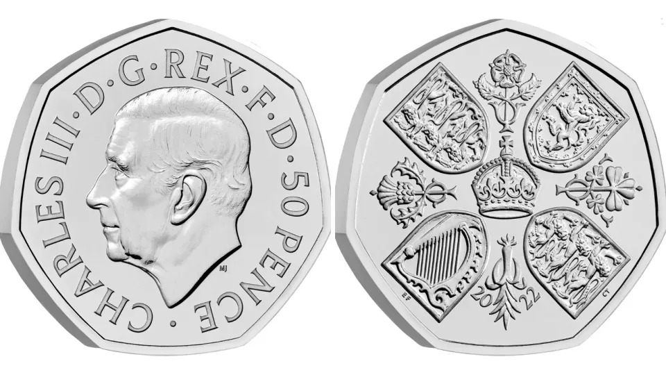 A coin released in the UK featuring King Charles effigy.