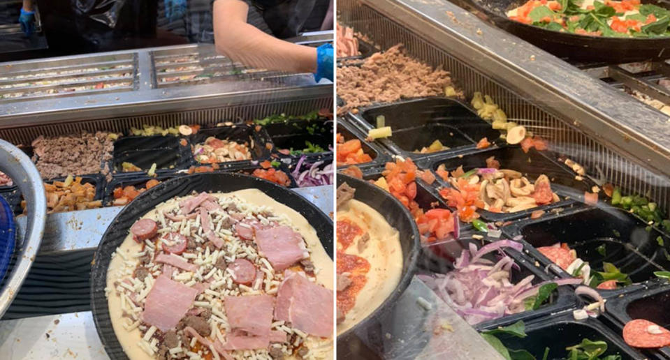 Pictured is what's believed to be a Domino's restaurant food prep area on the Gold Coast. A woman ordering a vegan pizza has criticised the store for being 'dirty'. It appears meat is spread everywhere.