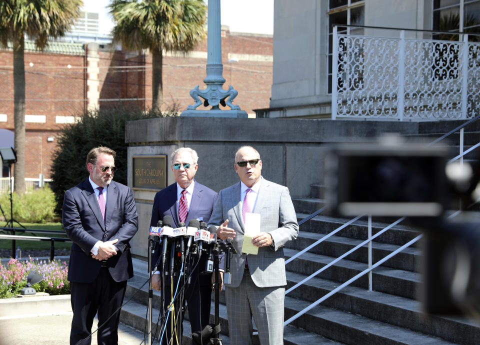 Alex Murdaugh's attorneys Phillip Barber, from left, Dick Harpootlian and Jim Griffin speak at a news conference after filing an appeal of Murdaugh's double murder conviction on Tuesday, Sept. 5, 2023, in Columbia, S.C. Attorneys for convicted murder Murdaugh want a new trial, accusing the court clerk of improperly influencing the jury. (AP Photo/Jeffrey Collins)