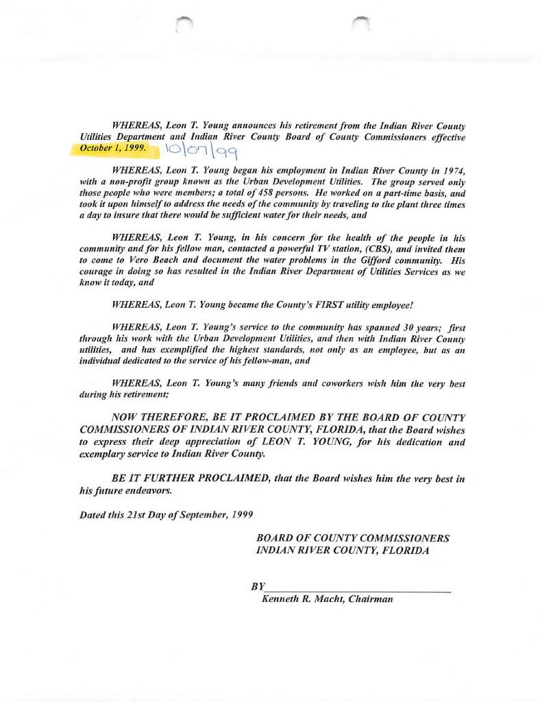 Rev. Leon Young Proclamation issued in 1999 once he retired from the Indian River County Department of Utilities.