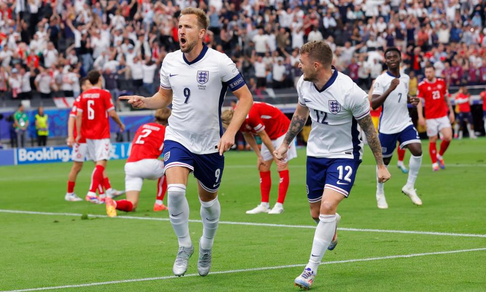 <span><a class="link " href="https://sports.yahoo.com/soccer/players/375006/" data-i13n="sec:content-canvas;subsec:anchor_text;elm:context_link" data-ylk="slk:Harry Kane;sec:content-canvas;subsec:anchor_text;elm:context_link;itc:0">Harry Kane</a> celebrates his goal against <a class="link " href="https://sports.yahoo.com/soccer/teams/denmark/" data-i13n="sec:content-canvas;subsec:anchor_text;elm:context_link" data-ylk="slk:Denmark;sec:content-canvas;subsec:anchor_text;elm:context_link;itc:0">Denmark</a>. A point in that game, despite a poor performance, has helped <a class="link " href="https://sports.yahoo.com/soccer/teams/england/" data-i13n="sec:content-canvas;subsec:anchor_text;elm:context_link" data-ylk="slk:England;sec:content-canvas;subsec:anchor_text;elm:context_link;itc:0">England</a> through.</span><span>Photograph: Tom Jenkins/The Guardian</span>