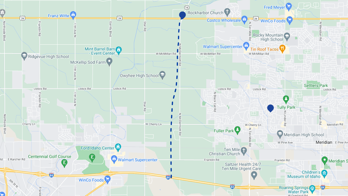 The dashed line shows where the Idaho 16 extension will be built. It will span five miles from Chinden Boulevard to Interstate 84.