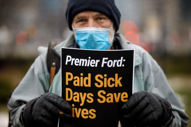 A man holds up a sign during a rally advocating for provincially mandated paid sick days for workers outside Queen's Park in Toronto this January. When Ford took office in 2018, one of his government's first moves was to scrap the Liberals' paid sick days program