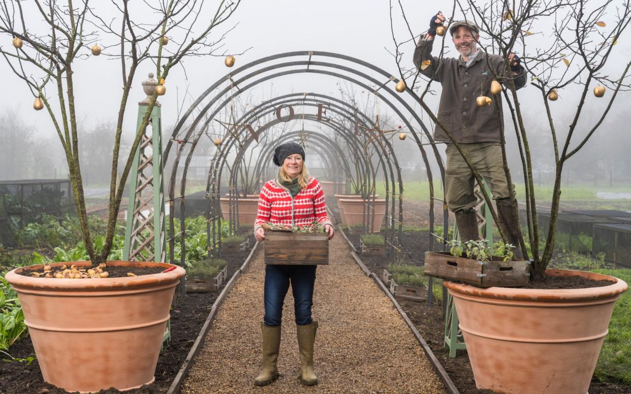 Bunny Guiness and Kitchen Gardener Daryll Taylor at work in the kitchen garden