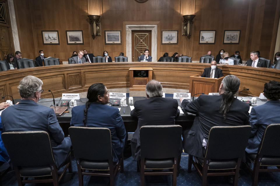 The Senate Committee on Indian Affairs holds a hearing on "Freedmen" provisions in tribal treaties, at the Capitol in Washington, Wednesday, July 27, 2022. Freedmen were the freed Black people enslaved by the Five Tribes, Cherokee, Seminole, Choctaw, Muscogee (Creek) and Chickasaw nations, who were guaranteed the rights of citizens of the tribes under separate 1866 treaties with the United States. (AP Photo/J. Scott Applewhite)