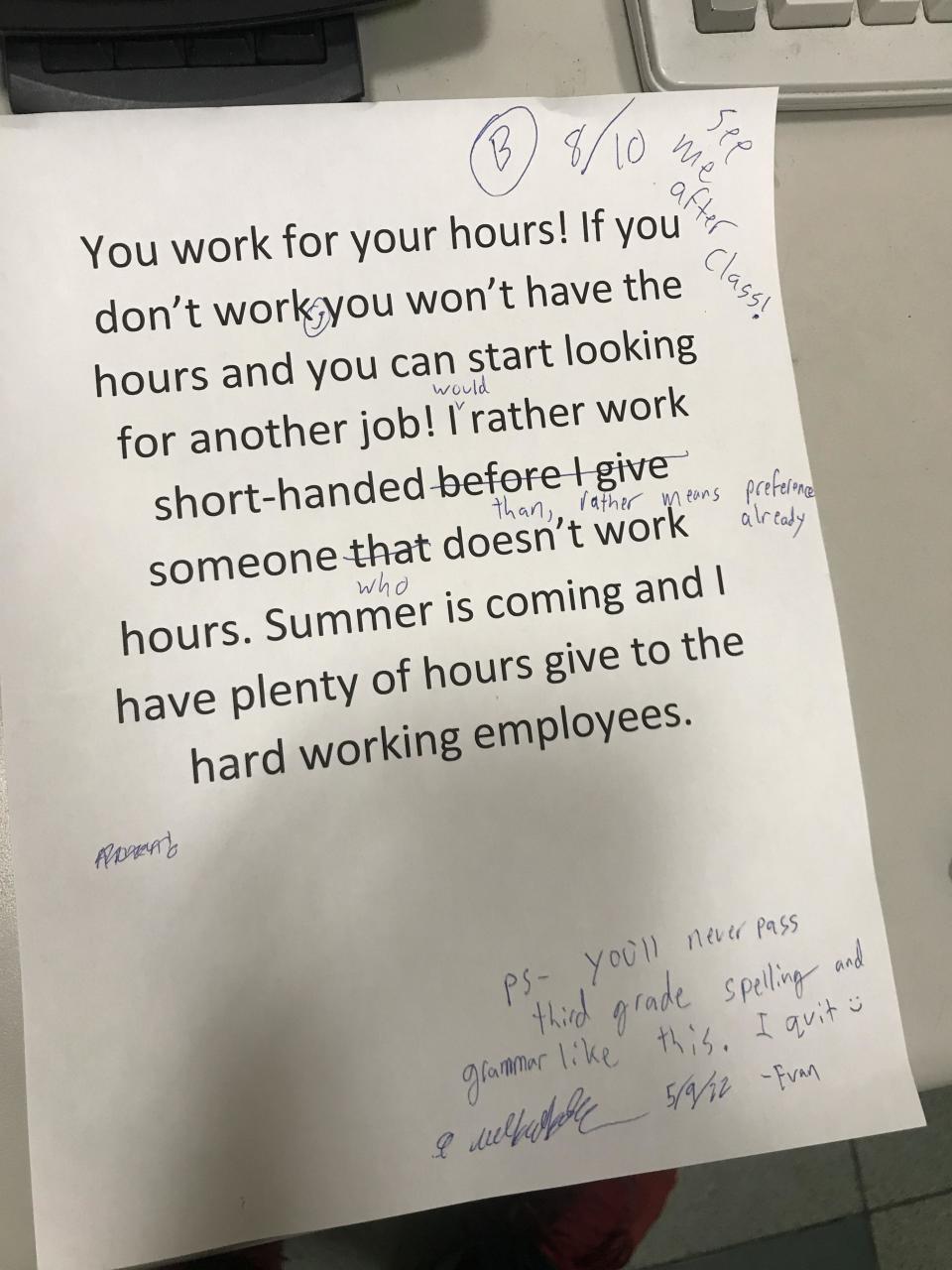 Handwritten note with a message to an employer about staff shortages and hardworking employees, graded B with humorous comments