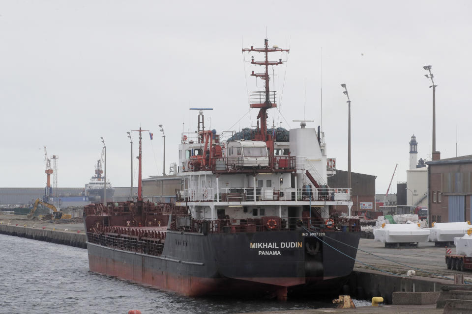 The Russian ship Mikhail Dudin docks at the port of Dunkirk, northern France, Tuesday, Sept.13, 2022. The German government said Monday Sept.12, 2022 that it can't stop a shipment of Russian uranium destined for French nuclear plants from being processed at a site in Germany because atomic fuel isn't covered by European Union sanctions on Russia. Environmentalists have called on Germany and the Netherlands to block a shipment of uranium aboard the Russian ship Mikhail Dudin from being transported to a processing plant in Lingen, close to the German-Dutch border. (AP Photo/Michel Spingler)