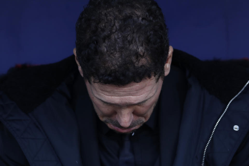 Atletico Madrid's head coach Diego Simeone waits for the start of a Spanish La Liga soccer match between Atletico Madrid and Real Madrid at the Metropolitano stadium in Madrid, Spain, Saturday, Feb. 9, 2019. (AP Photo/Manu Fernandez)