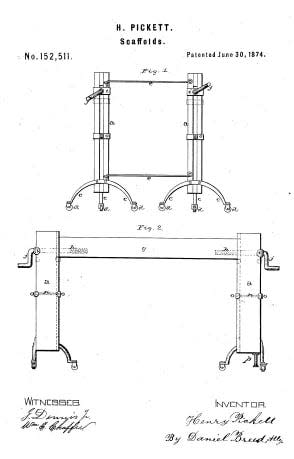 Akron inventor Henry Pickett was awarded U.S. Patent No. 152,511 in 1874 for his improvement in scaffolds. The top diagram is an end view of his invention. The bottom illustration is a side view.