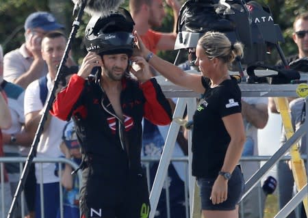 French inventor Franky Zapata gets ready for take off on a Flyboard to cross the English channel from Sangatte in France to Dover, in Sangatte