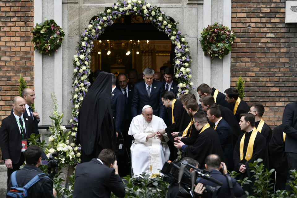 Pope Francis leaves the "Protection of the Mother of God" church after a meeting with a Greek Catholic community, in Budapest, Hungary, Saturday, April 29, 2023. The Pontiff is in Hungary for a three-day pastoral visit. (AP Photo/Denes Erdos)