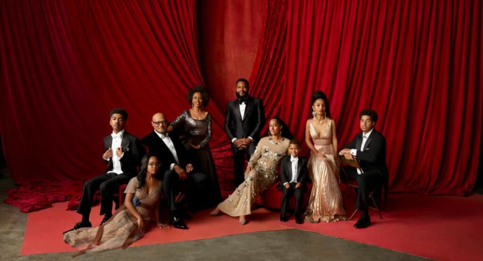 ABC’s “Black-ish” stars Miles Brown as Jack Johnson, Marsai Martin as Diane Johnson, Laurence Fishburne as Pops Johnson, Jenifer Lewis as Ruby Johnson, Anthony Anderson as Andre “Dre” Johnson, Tracee Ellis Ross as Rainbow Johnson, August and Berlin Gross as Devante Johnson, Yara Shahidi as Zoey Johnson, and Marcus Scribner as Andre Johnson Jr. (ABC/Dario Calmese)