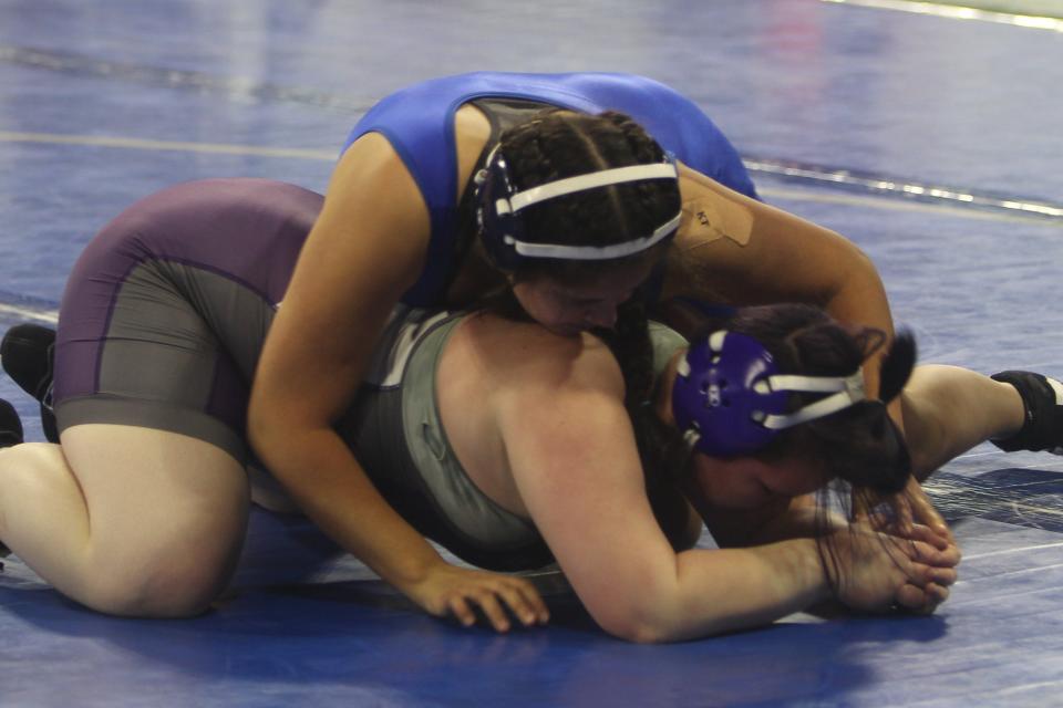 In the consolation bracket at 205 pounds, Erica Guerrero from Great Falls High battles Butte High's Ashlee Wilcox at the All Class Girls' State Wrestling Tournament Friday in Billings.