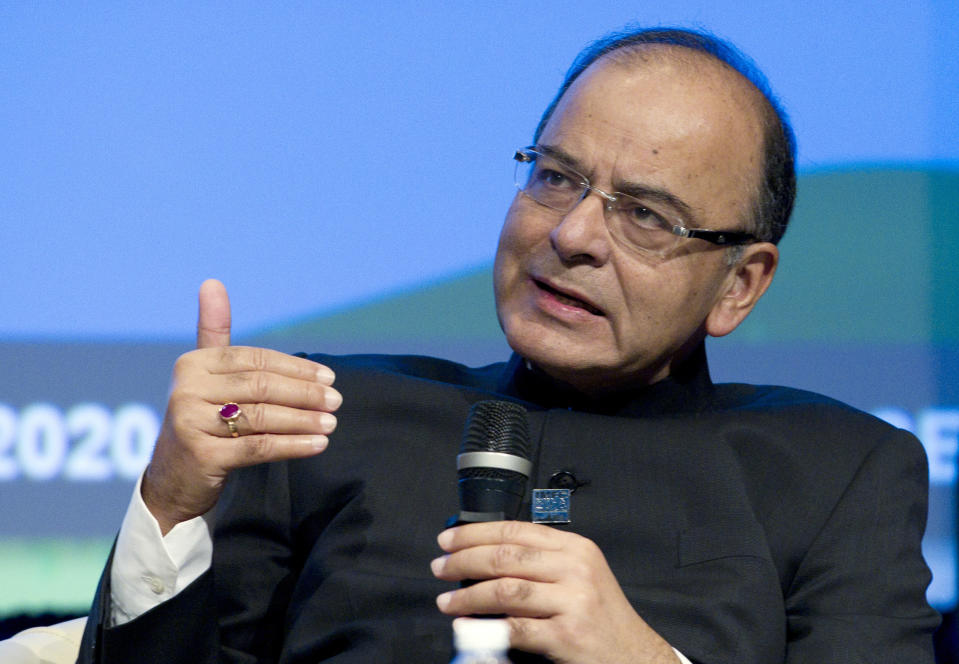 FILE- In this Oct. 7, 2016 file photo, India's then Finance Minister Arun Jaitley speaks during a panel discussion at the World Bank/IMF Annual Meetings at IMF headquarters in Washington. Jaitley, India’s former finance minister and a key member of Prime Minister Narendra Modi’s first term in office, has died in a New Delhi hospital. He was 66. (AP Photo/Jose Luis Magana, File)