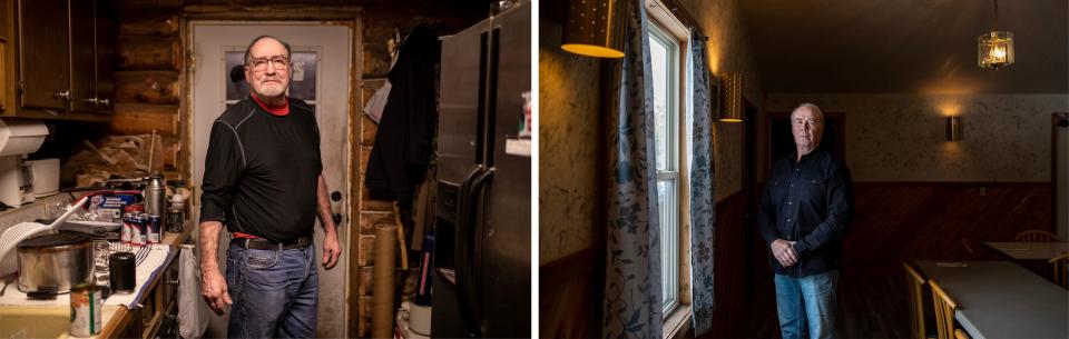 LEFT: Kenny Stebleton, a guy who worked on cars at Denny Murdock’s place, stands inside his log cabin home in McMillan. RIGHT: David Hopper, a former Newberry Post commander for the Michigan State Police, stands inside a restaurant after his Kiwanis Club meeting in Newberry.