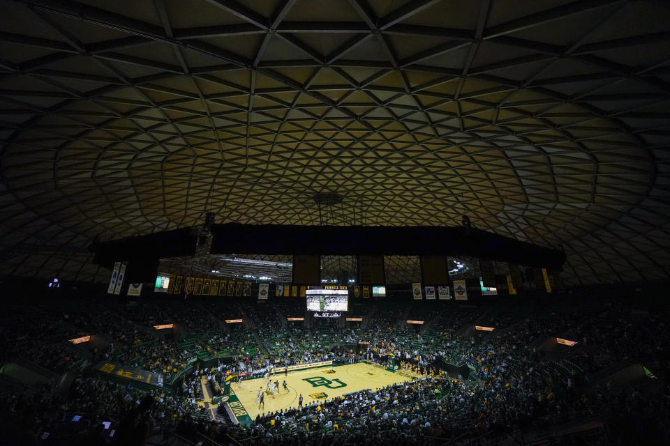A crowd watches the first half of an NCAA college basketball game between Baylor and Mississippi Valley State, Friday, Dec. 22, 2023, in Waco, Texas. The game marks the final basketball matchup at the venue as the Baylor basketball team is scheduled to begin playing at Foster Pavilion. (AP Photo/Julio Cortez)