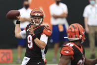 Cincinnati Bengals quarterback Joe Burrow (9) throws during the first half of an NFL football game against the Los Angeles Chargers, Sunday, Sept. 13, 2020, in Cincinnati. (AP Photo/Aaron Doster)