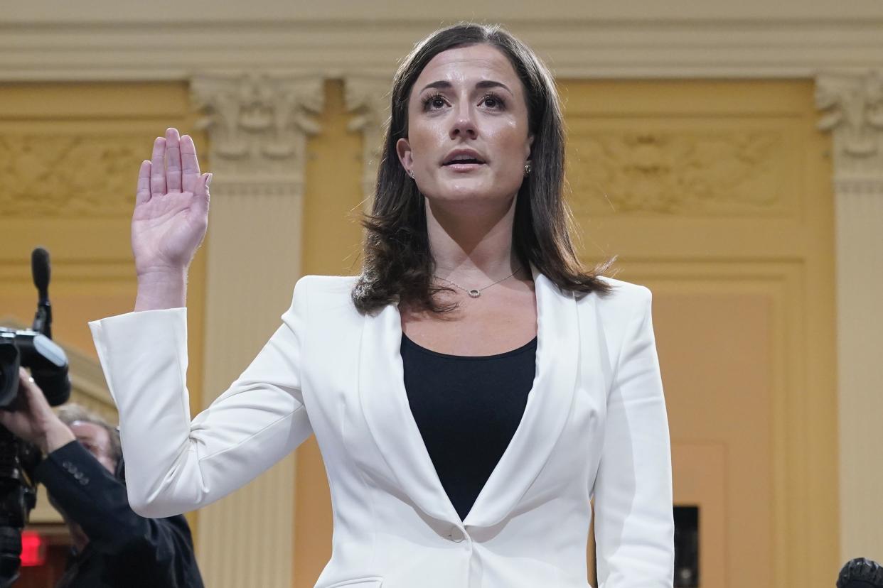 Cassidy Hutchinson, former aide to Trump White House chief of staff Mark Meadows, is sworn in to testify as the House select committee investigating the Jan. 6 attack on the U.S. Capitol continues to reveal its findings of a year-long investigation, at the Capitol in Washington, Tuesday, June 28, 2022. 