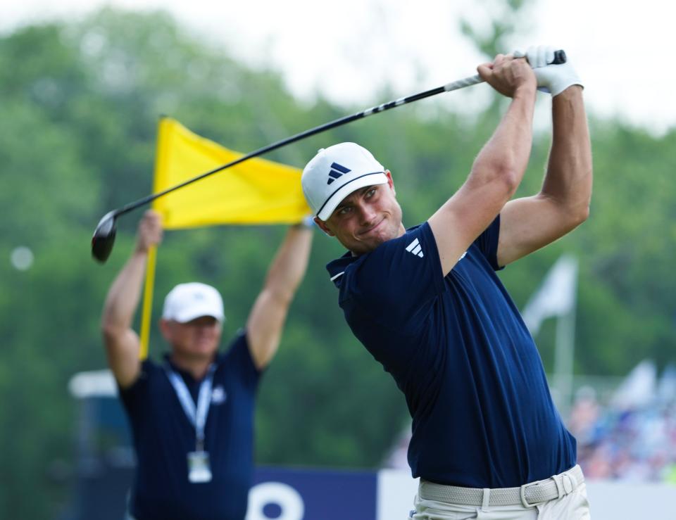 Ludvig Aberg tees off on the 5th hole during the first day of play in the PGA Championship at the Valhalla Golf Course in Louisville, Ky. on May. 16, 2024.