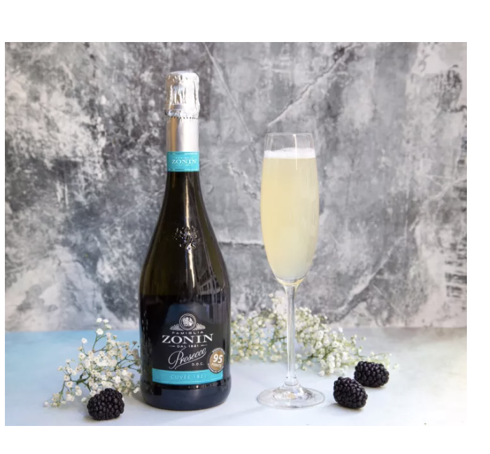 A product image of a bottle of Zonin Prosecco Cuvee 1821 and a flute glass.