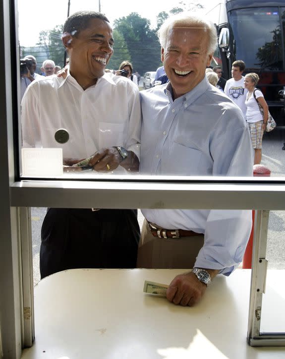 Back in August of 2008 before winning the election, Obama and Biden shared a laugh while ordering ice cream at the Windmill Ice Cream Shop in Aliquippa, Pa.