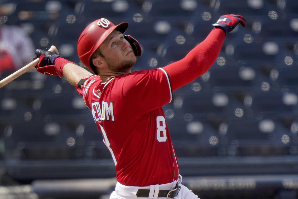 Washington Nationals' Carter Kieboom watches a foul ball during the second inning of a spring training baseball game against the Houston Astros Monday, March 1, 2021, in West Palm Beach, Fla. (AP Photo/Jeff Roberson)