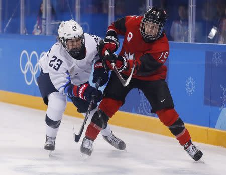 Ice Hockey – Pyeongchang 2018 Winter Olympics – Women Preliminary Round Match - U.S. v Canada - Kwandong Hockey Centre, Gangneung, South Korea – February 15, 2018 - Canada's Melodie Daoust (R) in action with Sidney Morin of the U.S. REUTERS/Grigory Dukor