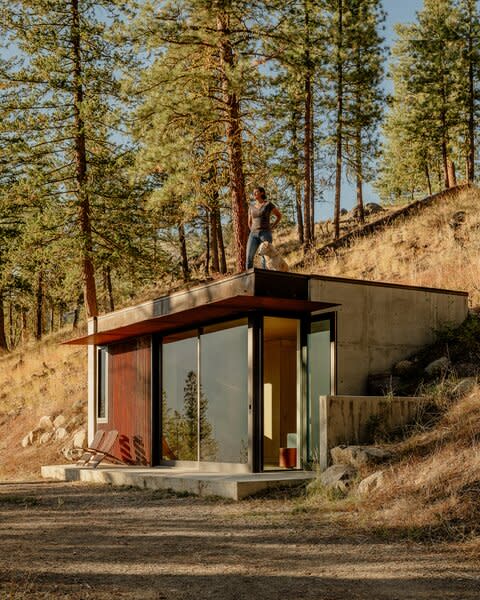 One of the benefits of building into the hillside is that Catherine and her dog, Lydia, are able to access the home's rooftop deck. 