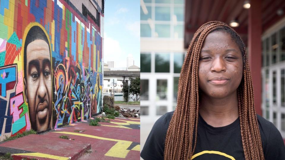 A video diptych shows Brooke Williams (right) and a mural of her uncle, George Floyd.