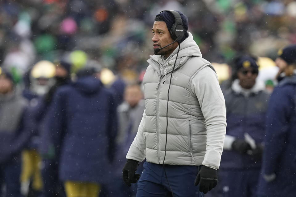 Notre Dame head coach Marcus Freeman looks on during the first half of an NCAA college football game against Boston College, Saturday, Nov. 19, 2022, in South Bend, Ind. (AP Photo/Darron Cummings)