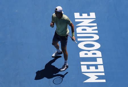 Tennis - Australian Open - Margaret Court Arena, Melbourne, Australia, January 22, 2018. Tomas Berdych of Czech Republic reacts during his match against Fabio Fognini of Italy. REUTERS/Issei Kato