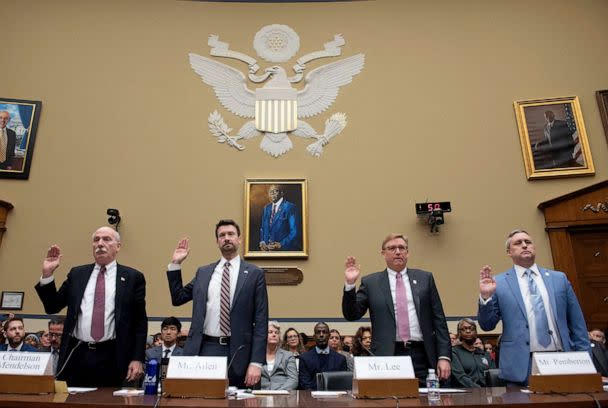 PHOTO: Members of the Washington, D.C. government are sworn-in before testifying during a House Oversight and Accountability Committee's hearing on March 29, 2023, on Capitol Hill in Washington. (Cliff Owen/AP)