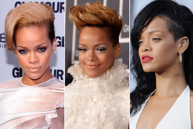 … nicht allein. Frisuren-Chamäleon Rihanna beispielsweise experimentierte schon früh mit der Trendfrisur: 2009 (ganz links) gab sie dem Undercut die erste Chance, seitdem hat sie viele wechselnde Varianten ausprobiert. (Bilder: Getty Images)