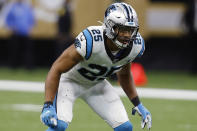 FILE - In this Nov. 24, 2019, file photo, Carolina Panthers strong safety Eric Reid (25) waits for a play during the second half at an NFL football game against the New Orleans Saints, in New Orleans. Reid was released in March after two seasons in Carolina, despite posting career highs with 124 total tackles and four sacks. He signed a three-year, $22 million contract extension before last season, but the new-look Panthers saved $8 million on the salary cap this year by parting ways with Reid. (AP Photo/Butch Dill, File)