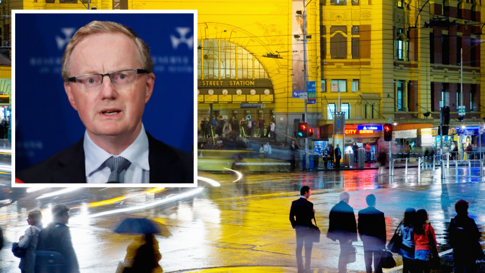 Melbourne Flinders Street station at night with pedestrians, RBA governor Philip Lowe speaks (inset)