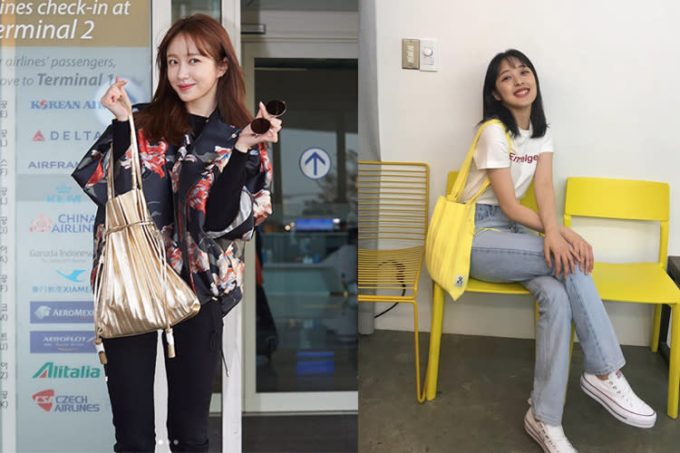 韓國新生代女演員金寶拉（右）韓團女成員「EXID哈妮」（左）手提百摺手袋（Lucky Pleats Knit bag）系列。