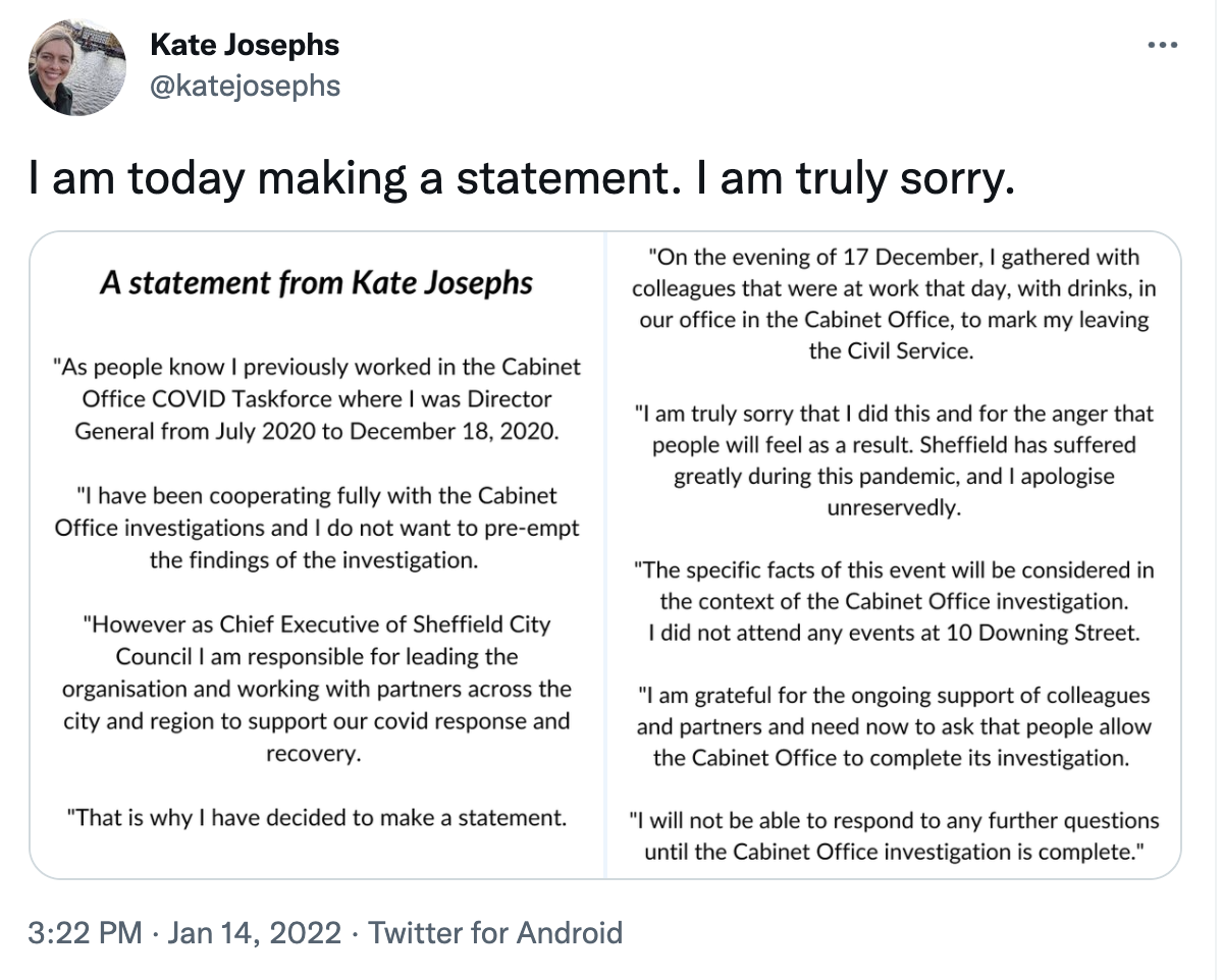 Kate Josephs, ex-COVID taskforce chief, has admitted to having a leaving party in the Cabinet Office on December 17, 2020 (Twitter)