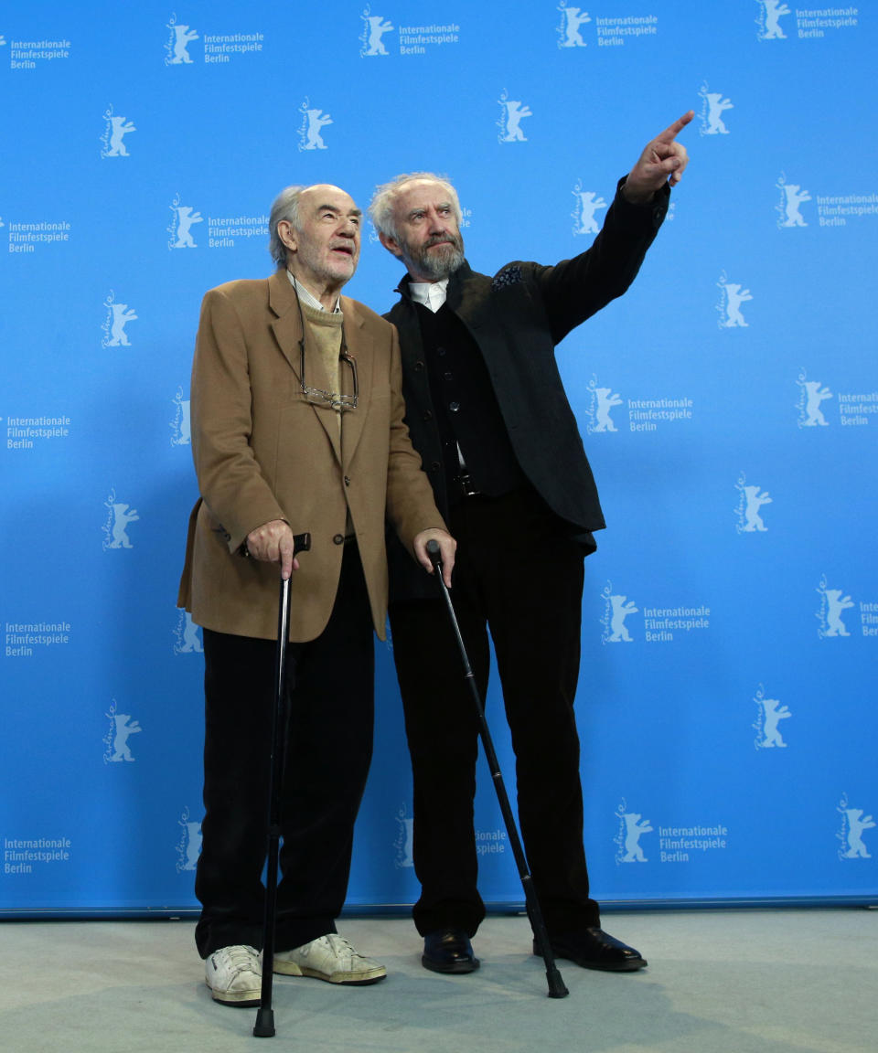 Director and producer George Sluizer and actor Jonathan Pryce pose at the photo call for the film Dark Blood at the 63rd edition of the Berlinale, International Film Festival in Berlin, Thursday, Feb. 14, 2013. (AP Photo/Gero Breloer)