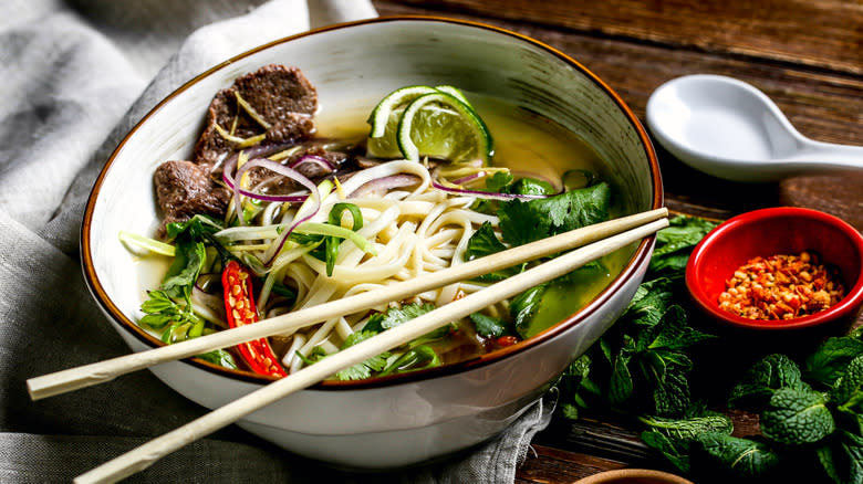 Beef noodle soup in bowl