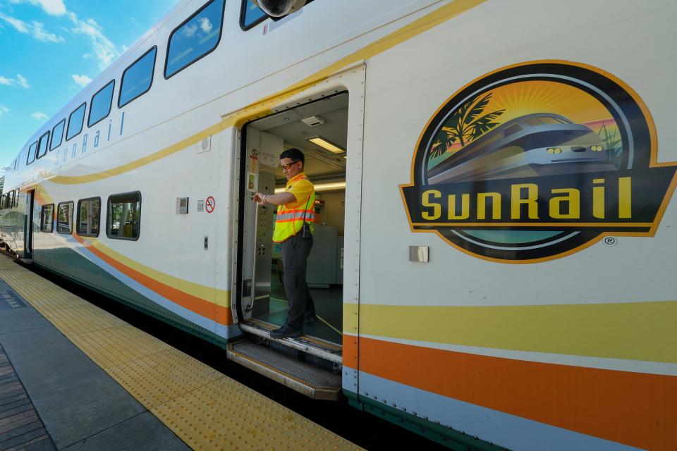 A SunRail train is shown at the station in DeBary on Monday, April 29, 2024.