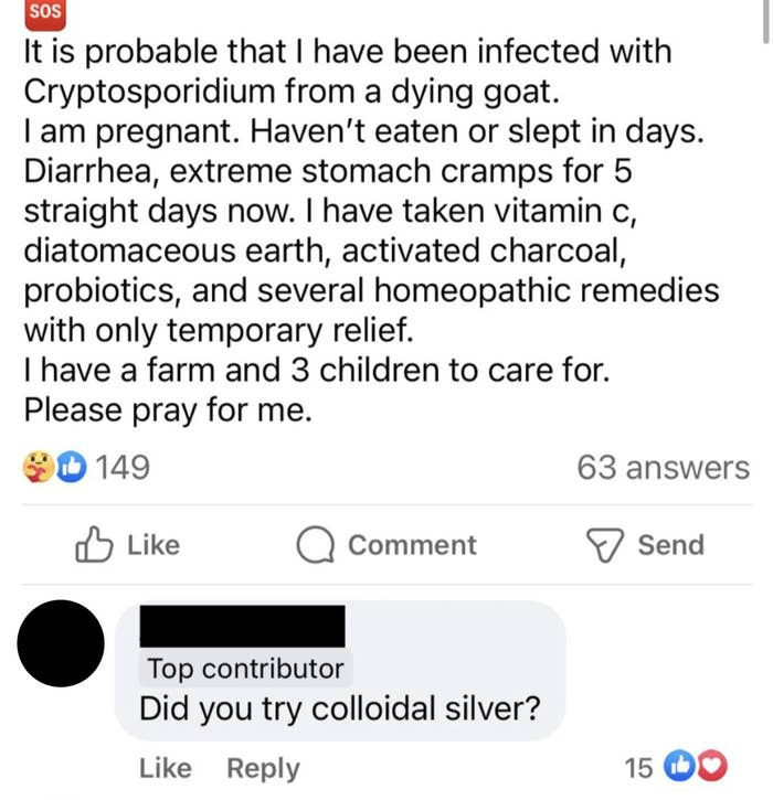 A Facebook post from a pregnant woman mentions she has Cryptosporidium from a goat, extreme cramps for 5 days, and asks for prayers. A comment suggests colloidal silver