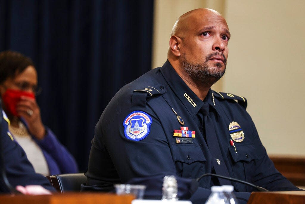 U.S. Capitol Police Sgt. Harry Dunn testifies during the House select committee hearing on the Jan. 6 attack on Capitol Hill in Washington, on July 27, 2021. (Oliver Contreras/The New York Times via AP, Pool)