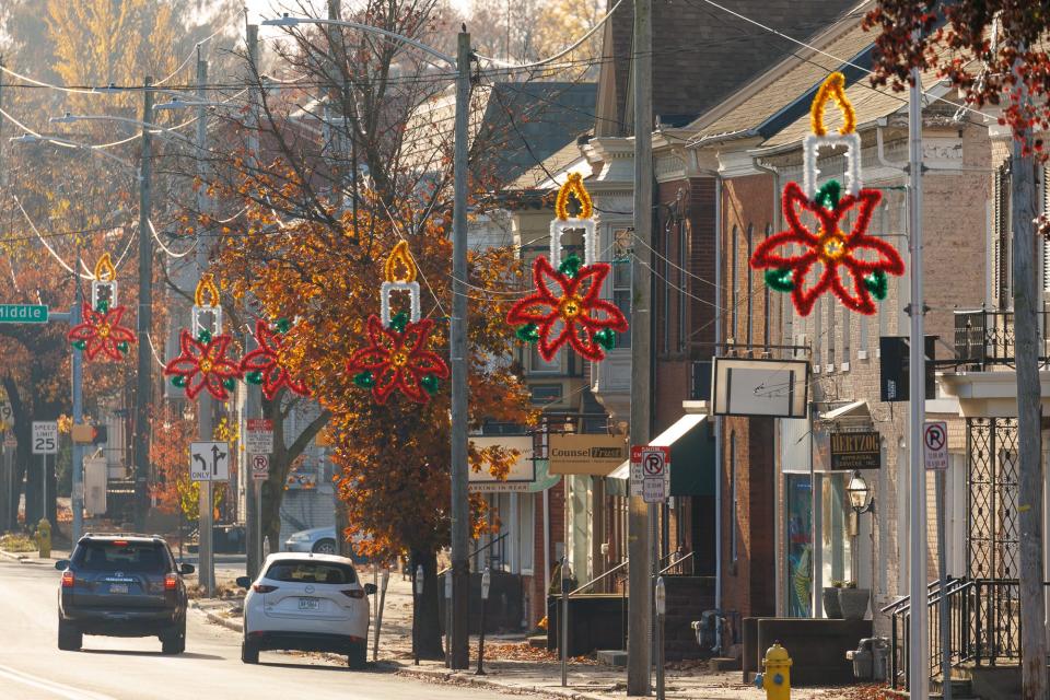 The first new Hanover Christmas decorations in 50 years hang on utility poles, Wednesday, Nov. 15, 2023, in downtown Hanover.